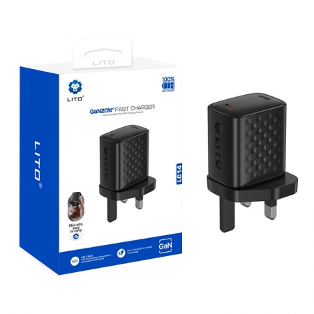 شاحن LITO LC14 GaN سريع بقدرة 20 واط بتقنية PD مع منفذ USB-C وقابس بريطاني 