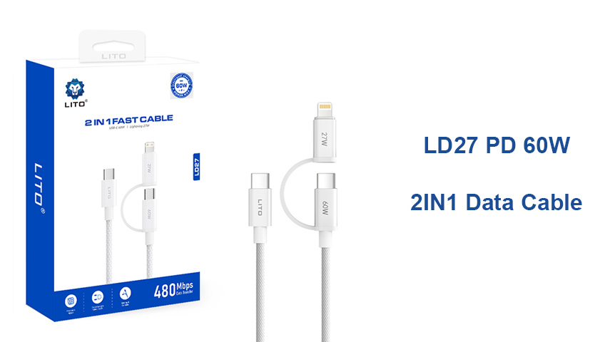كابل الشحن السريع LITO LD27 بقوة 60 واط، ثنائي الاستخدام، يدعم منفذ USB-C ومنفذ Lightning